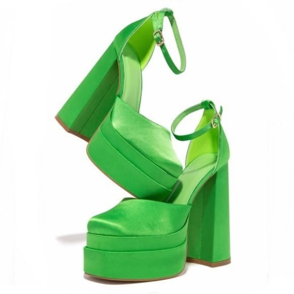 !! NEW !! Double Platform Block Ankle Strap Heels in Green - Picture 4 of 5